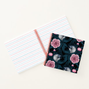 Vögel und rosa Pfingstrosenblüten mit Blättern Notizbuch
