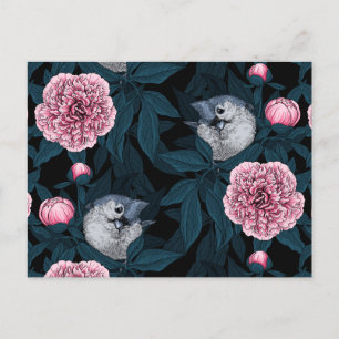 Vögel und rosa Pfingstrosenblüten mit Blättern Postkarte