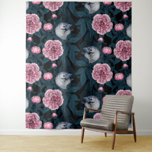Vögel und rosa Pfingstrosenblüten mit Blättern Wandteppich