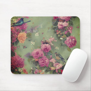 Vögel und rosa Rosen Vintage-Blumenmuster in Salbe Mousepad