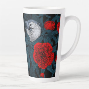 Vögel und rote Pfingstrosenblüten mit blauen Blätt Milchtasse