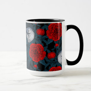 Vögel und rote Pfingstrosenblüten mit blauen Blätt Tasse