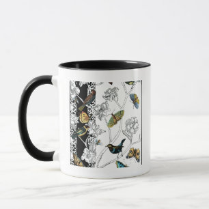Vögel und Schmetterling auf einem schwarzen u. Tasse