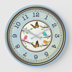 Vögel und Schmetterlinge im blauen Farmhaus-Stil Große Wanduhr