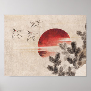 Vögel und Sonnenuntergang von Katsushika Hokusai ( Poster