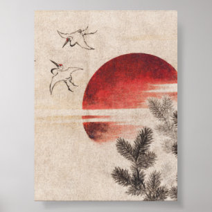 Vögel und Sonnenuntergang von Katsushika Hokusai ( Poster