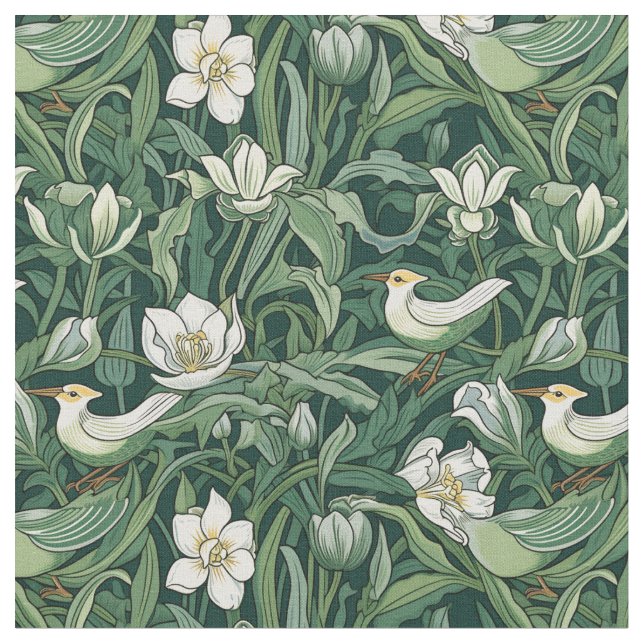 Vögel und Tulips Grüne Jugendstil Stoff (Nahaufnahme)