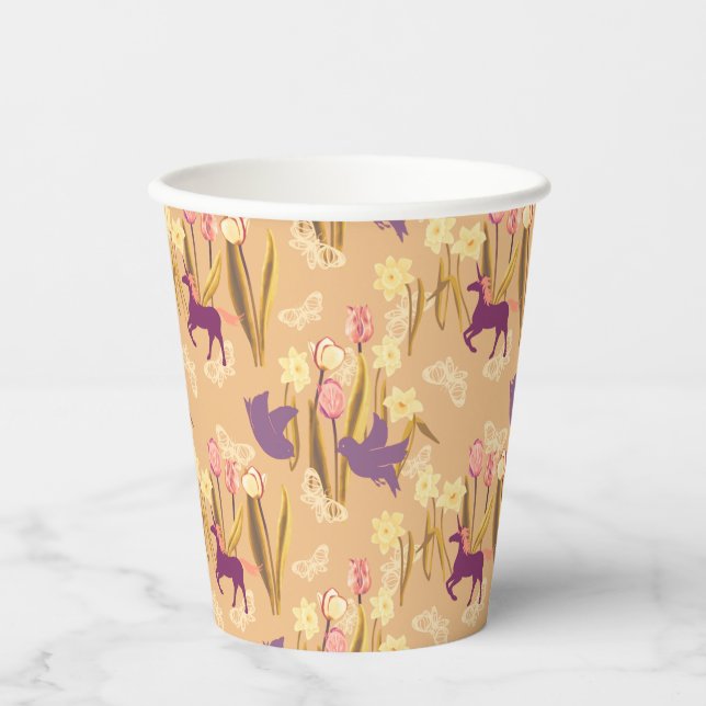 Vögel und Uniköre auf der Frühjahrswiese Pappbecher (Vorderseite)