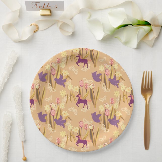 Vögel und Uniköre auf der Frühjahrswiese Pappteller (Hochzeit)