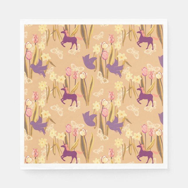 Vögel und Uniköre auf der Frühjahrswiese Serviette (Vorderseite)