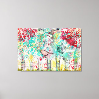 Vogel- und White Picket Fence Mixed Media Painting Leinwanddruck