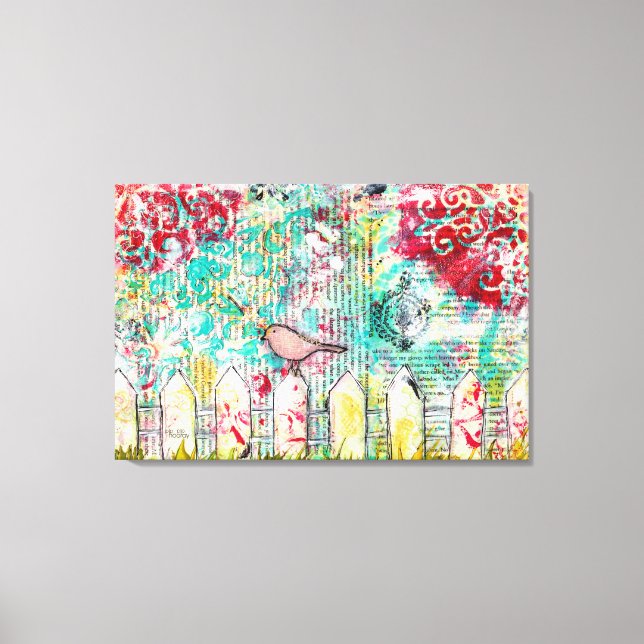 Vogel- und White Picket Fence Mixed Media Painting Leinwanddruck (Vorderseite)