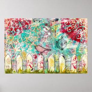 Vogel und White Picket Fence Mixed Media Poster Pr