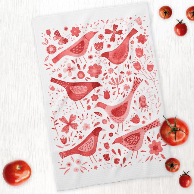 Vogel und Wildblume Wasserfarbe Rot Geschirrtuch (Watercolor red and white birds and wild flower painting on a kitchent tea towel)