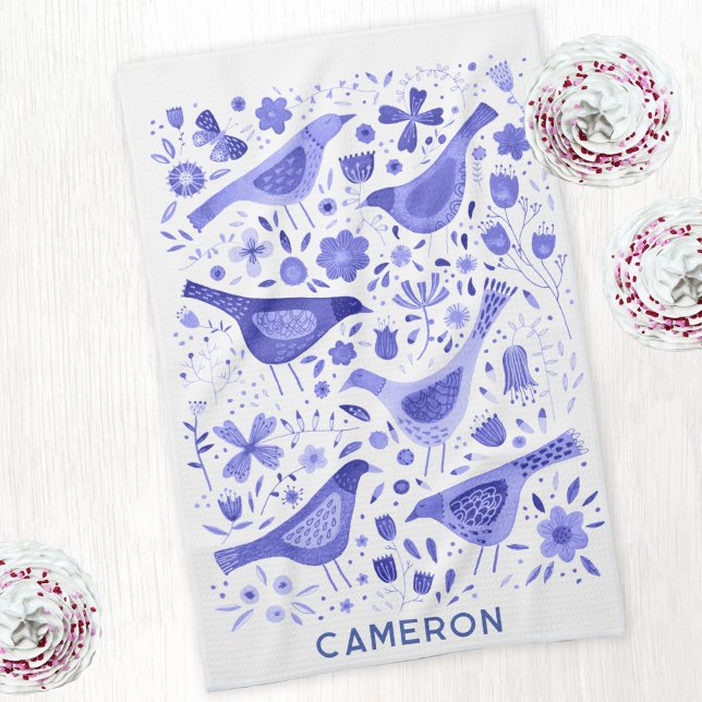 Vögel und Wildblumen Wasserfarbe Personalisiert Geschirrtuch (Personalized custom name watercolor bird and wild flower art kitchen tea towel in blue and white)