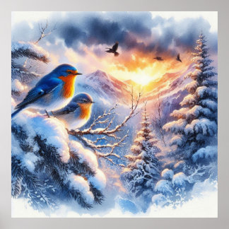 Vögel und Winterlandschaft 14 Poster
