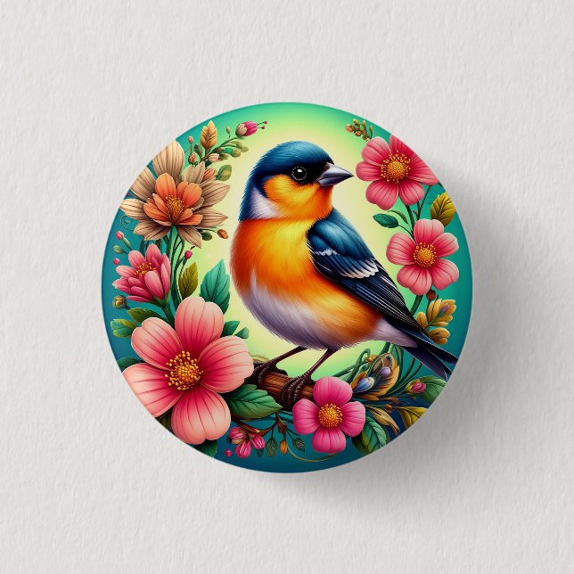 Vogel unter farbenfrohen Blume Button (Vorderseite)