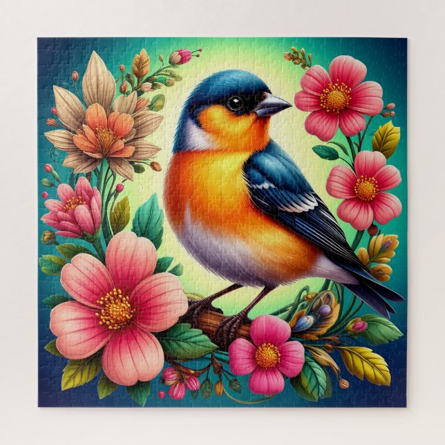 Vogel unter farbenfrohen Blume Puzzle (Vertikal)