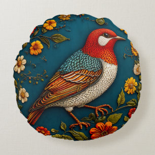 Vogel unter farbenfrohen Blume Rundes Kissen