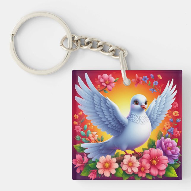 Vogel unter farbenfrohen Blume Schlüsselanhänger (Vorderseite)