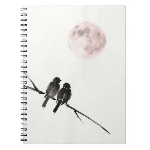 Vögel unter rosafarbenem Mond Notizbuch Notizblock