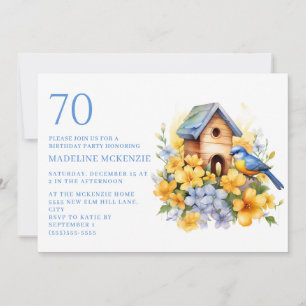 Vogel Vogelhaus Blau Gelbe Blumen 70. Geburtstag Einladung