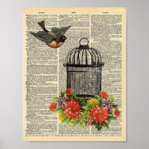 Vogel Vogelkäfig Blumen Vintage-Wörterbuch  Poster