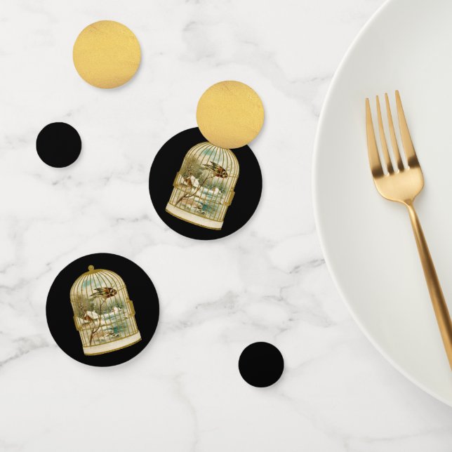 Vogel Winter Kabine Szene in Gold Birdcage Black Konfetti (Gruppe)