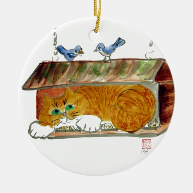 Vogel-Zufuhr und orange Tiger-Katze Keramik Ornament (Vorne)