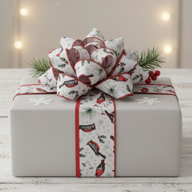 Vogelarten in Rot und Grau, Muster und Muster Ripsband (Modern Red Cardinal Bird Xmas Ribbon. Rustic Cardinal Bird, Holly Berries, Snowflakes Nature Pattern)