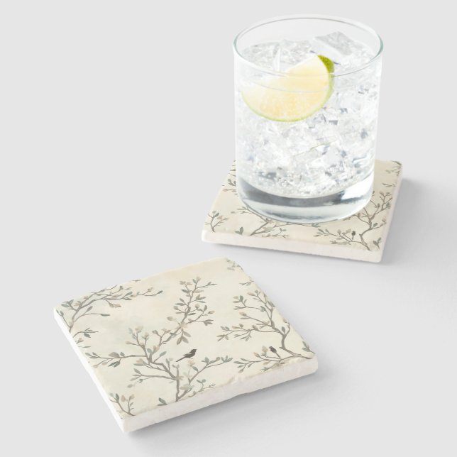 Vogelast Wasserfarbe Beige Naturmalerei Steinuntersetzer (Seitenansicht)