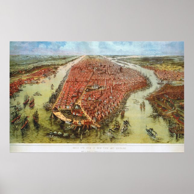 Vogelaugenblick von Manhattan, Bachmann 1865 Print Poster (Vorne)