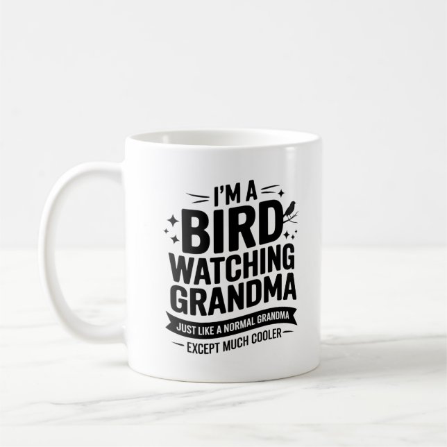 "Vogelbeobachtende Oma-Tasse Kaffeetasse (Links)