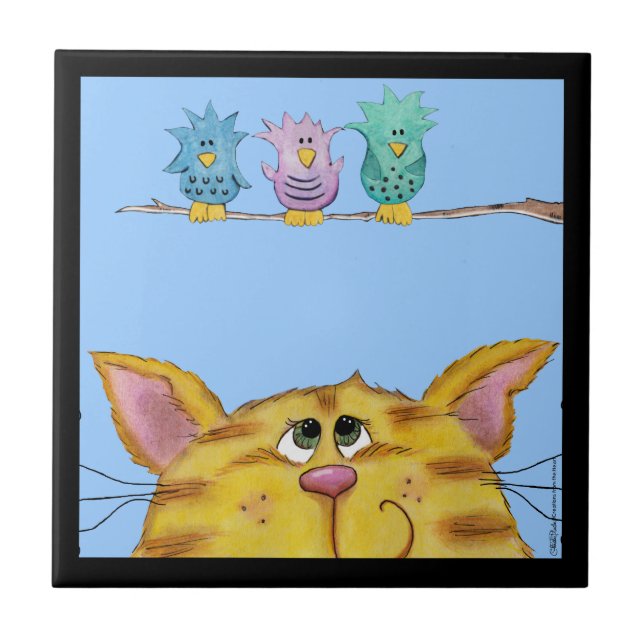 Vogelbeobachter-Katzen-Beobachtungen Vögel oben Fliese (Vorderseite)