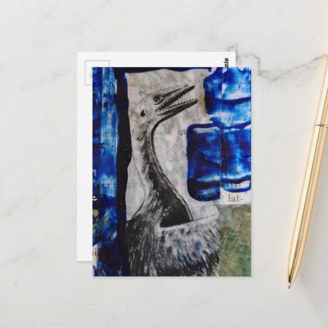 Vogeldinosaurier mit blauer Farbe Mixed-Media-Coll Postkarte (Vorderseite/Rückseite Beispiel)