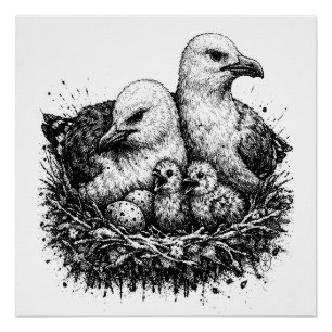 Vogelfamiliennest – mythische Tintenillustration Poster