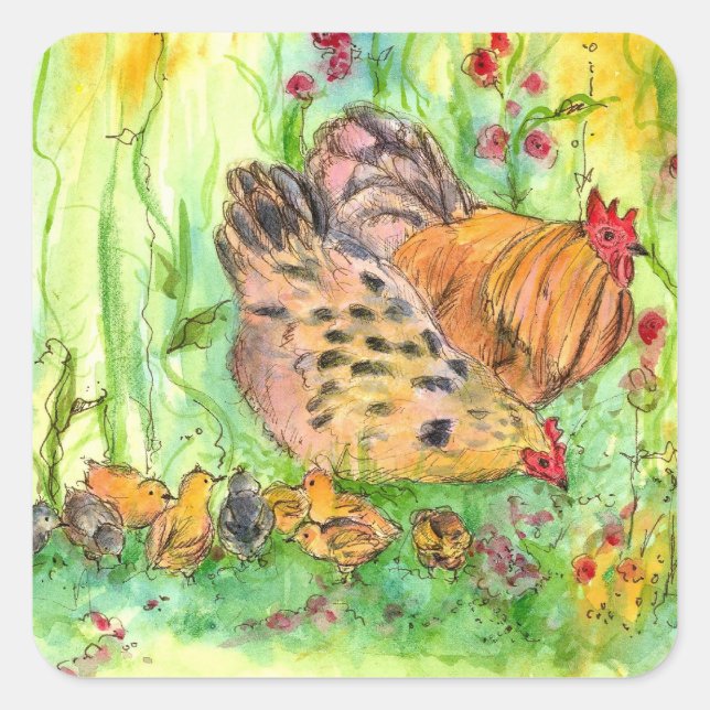 Vogelfarm der Familie Hühner Quadratischer Aufkleber (Vorderseite)