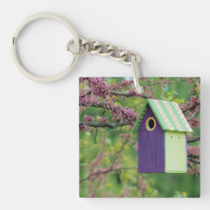 Vogelhaus auf einem Redbud-Baum Schlüsselanhänger