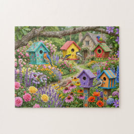 Vogelhäuser, farbenfrohe Vögel und blühende Blumen Puzzle