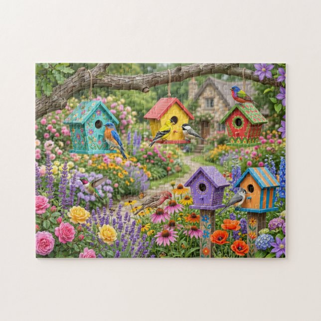 Vogelhäuser, farbenfrohe Vögel und blühende Blumen Puzzle (Horizontal)