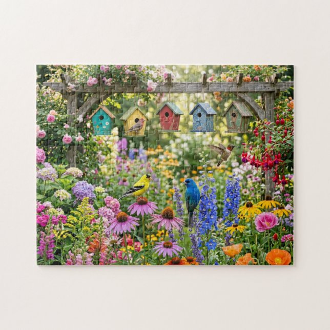 Vogelhäuser, lebhafte Vögel und blühende Blumen Puzzle (Horizontal)