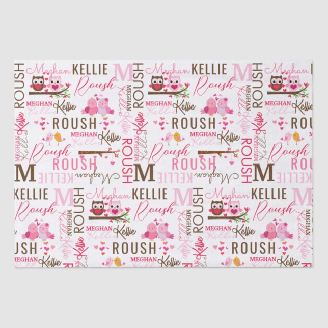 Vogelhüllen mit Namen und Monogramm-Collage lieben Seidenpapier (Vorderseite)