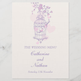 Vogelkäfig lila rosa großes Hochzeitsmenü Menükarte