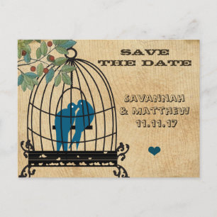 Vogelkäfig Save-the-Date auf Holzmaserung-Postkart Ankündigungspostkarte