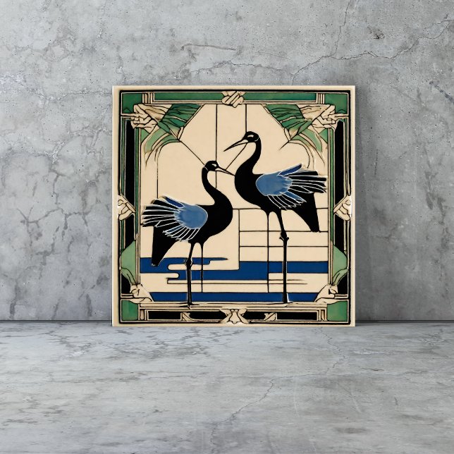 Vogelkrane im Tessin Kunst, Dichtung und Musik Fliese (birds tiles are a vintage Art Deco style with cranes in blue and green geometric style)