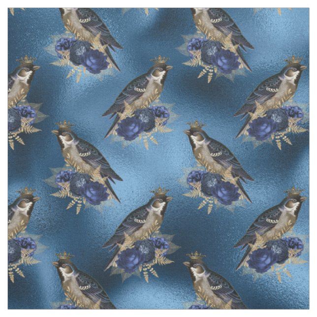 Vogelkronen mit Blume auf Blauem Meer Stoff (Muster)