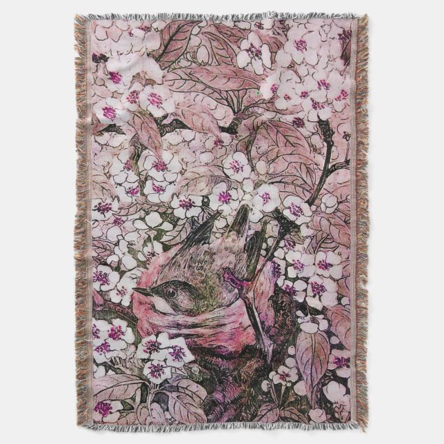 VOGELNEST, BAUM, PINK WEISSE FRÜHSTÜCKSBLUMEN DECKE (Vorderseite Vertikal)