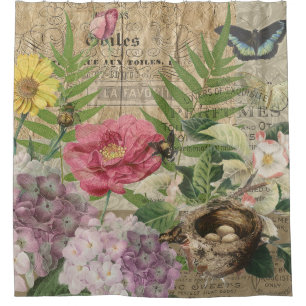 Vogelnest Floralgarten-Blumen-Schmetterling-Kunst Duschvorhang