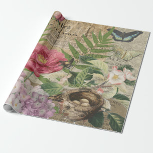 Vogelnest Floralgarten-Blumen-Schmetterling-Kunst Geschenkpapier
