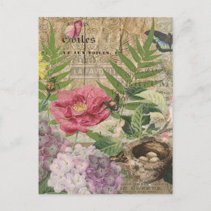 Vogelnest Floralgarten-Blumen-Schmetterling-Kunst Postkarte